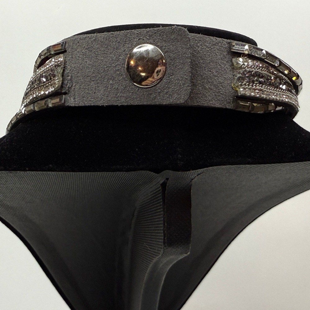Rhinestone Statement Choker Necklace Silver Vegan Suede Gray Wrap Jewelry 16.5in - Picture 6 of 6